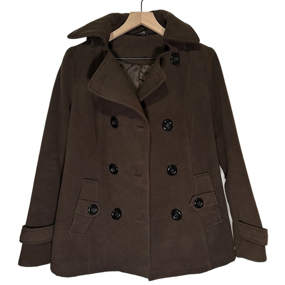 Hooded Pea Coat Brown Women's Size Small 4/6 Office Casual Fall Winter - Picture 1 of 14